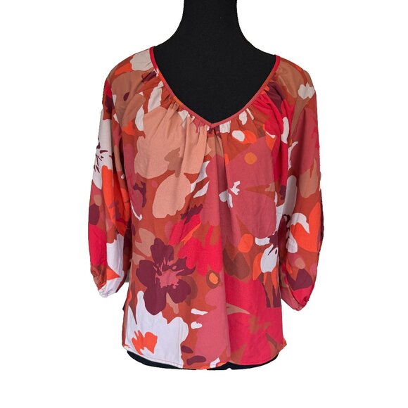 NWOT Sanctuary V-Neck Balloon Sleeve Tunic Top Size S Orange Brown Floral - Picture 1 of 6